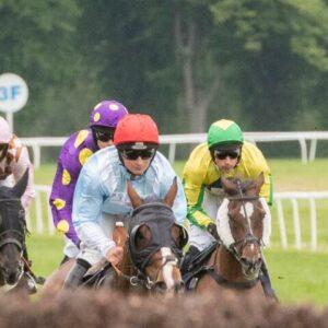 racehorse approaching a steeple chase fence